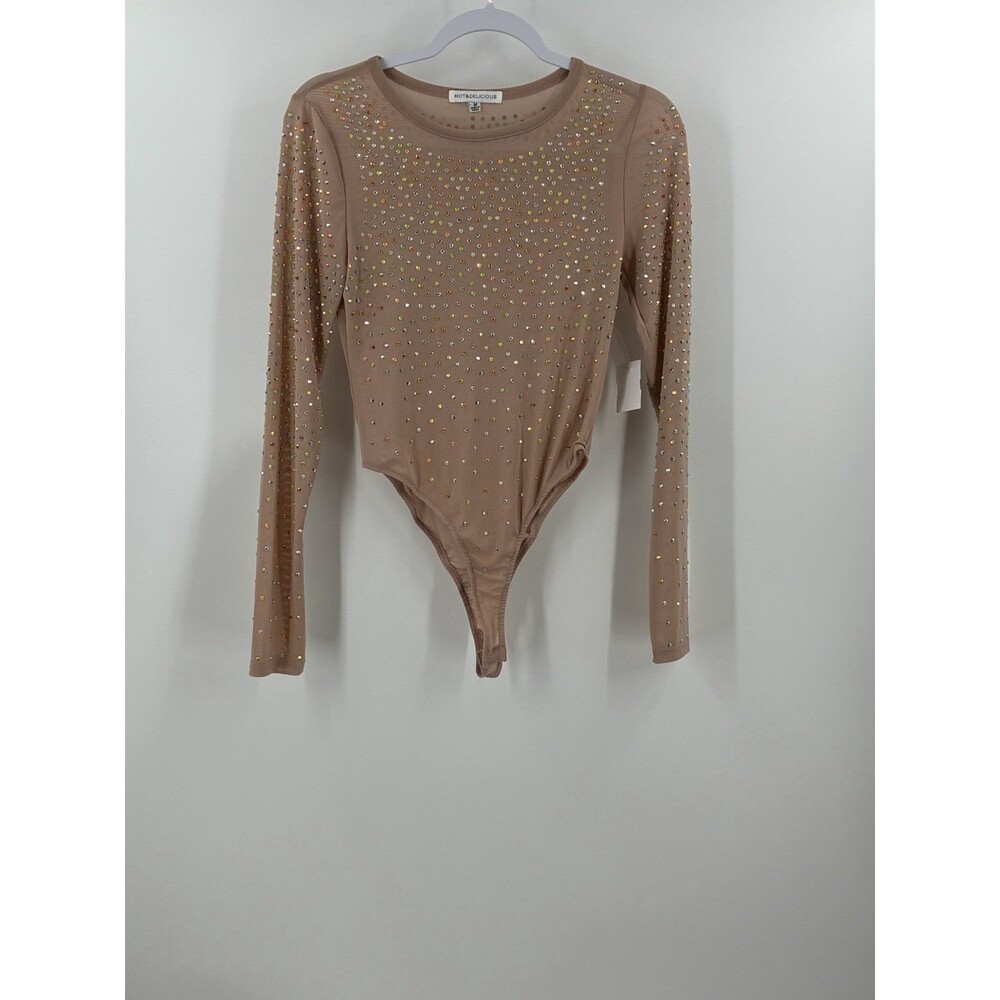Hot & Delicious Rhinestone Mesh Long Sleeve Bodysuit Nude Beige Size M NWT